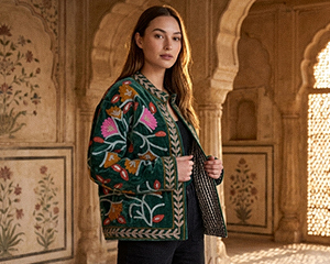 woman-seated-on-a-vintage-style-train-bench-resting-on-her-arms-and-wearing-a-green-jacket-embroidered-with-colorful-floral-motifs-