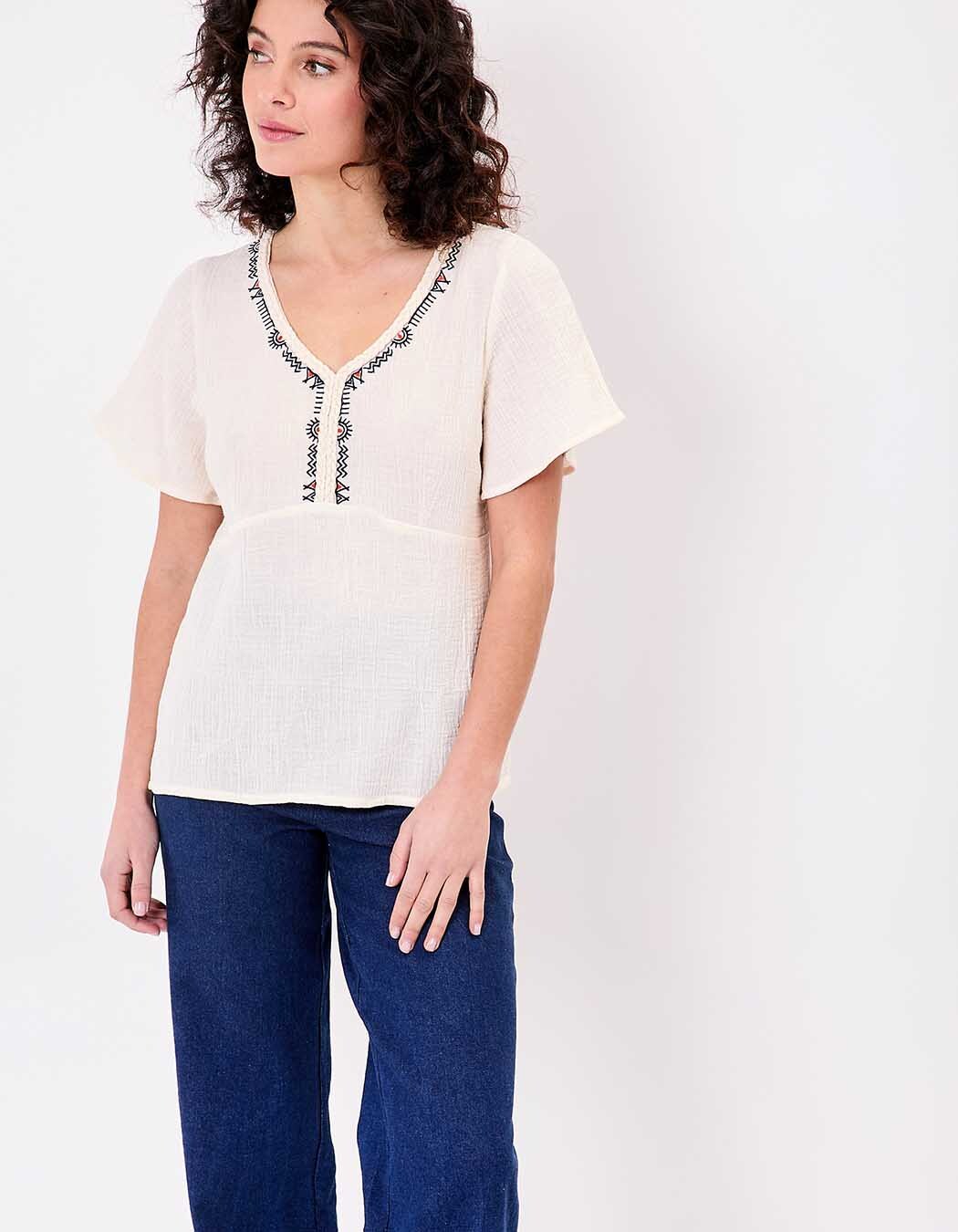 Braided V-neck top in organic cotton gauze femme La Fiancée