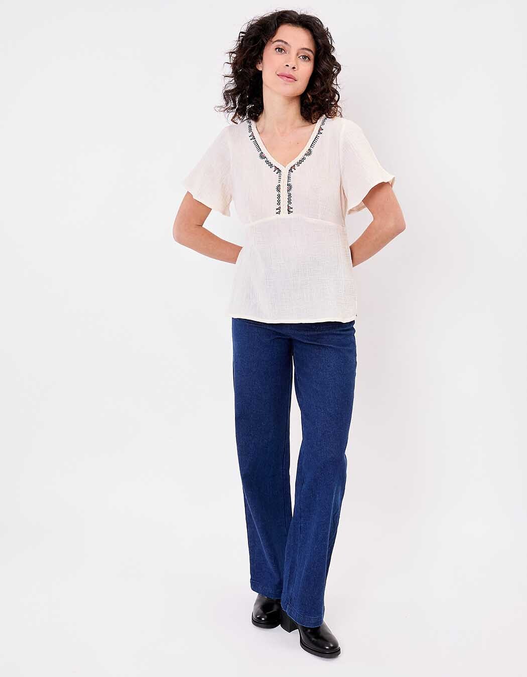 Braided V-neck top in organic cotton gauze femme La Fiancée