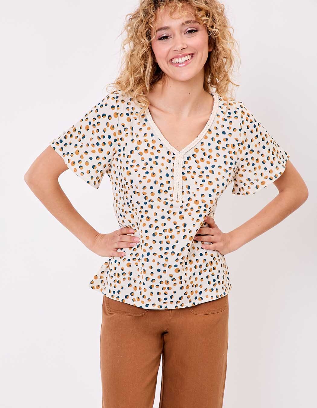 Braided V-neck top in organic cotton gauze femme La Fiancée