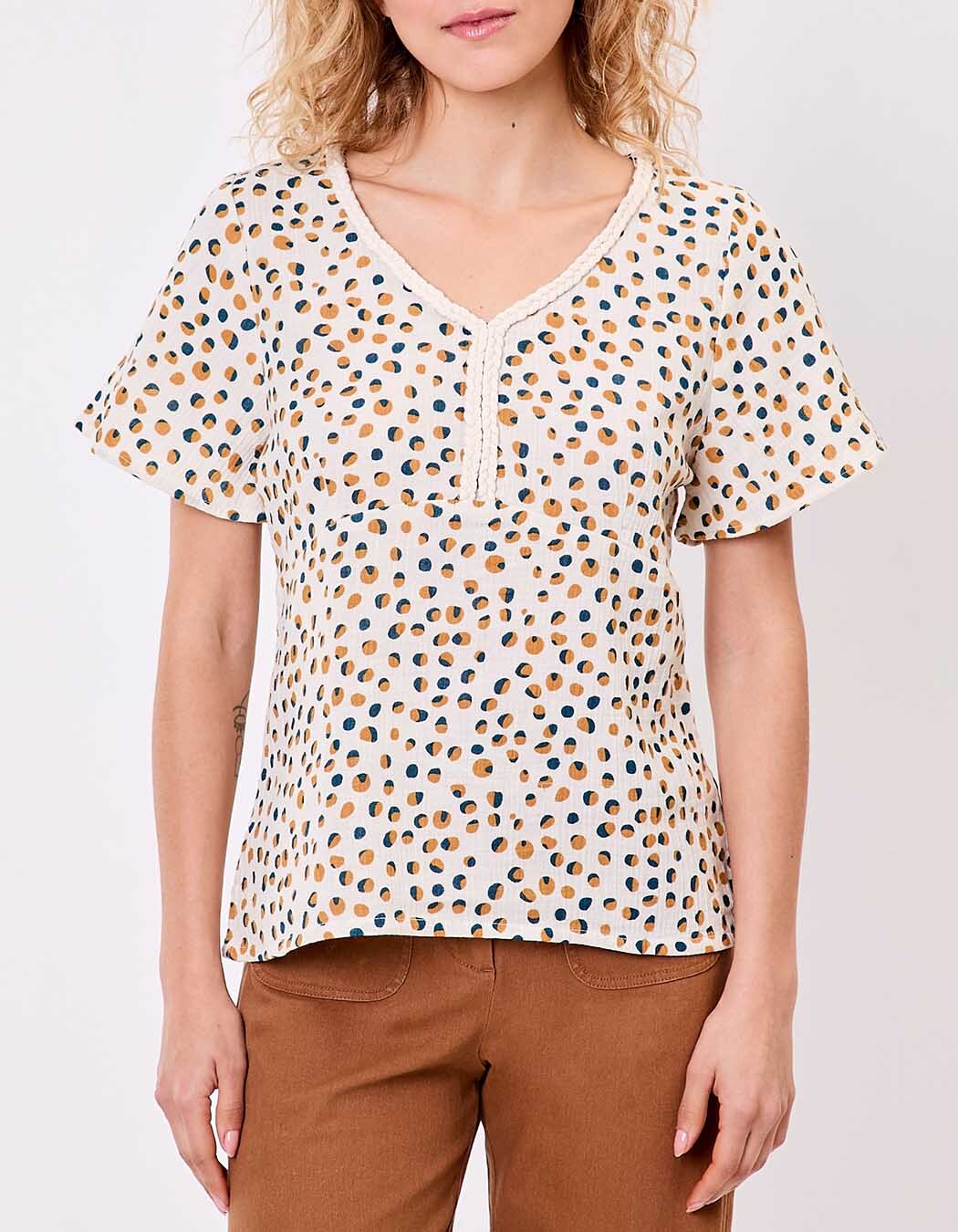 Braided V-neck top in organic cotton gauze femme La Fiancée
