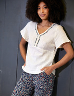 Braided V-neck top in organic cotton gauze femme La Fiancée
