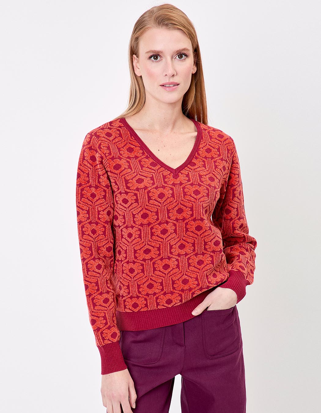 Jacquard knit V-neck sweater femme Princesse Nomade