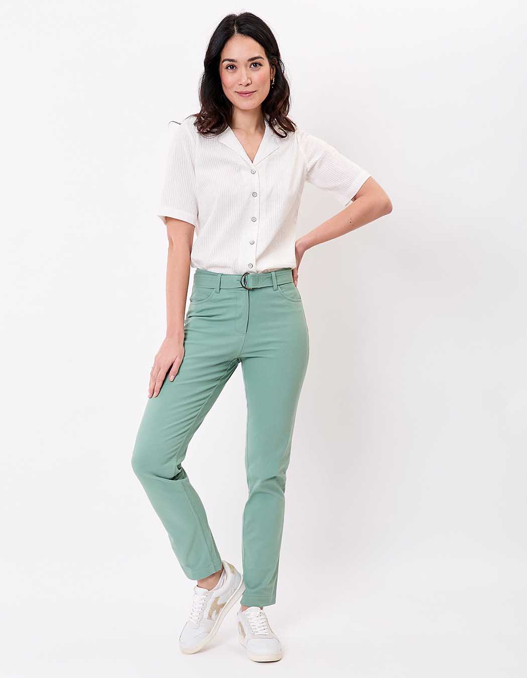 Fitted belted stretch cotton trousers femme La Fiancée