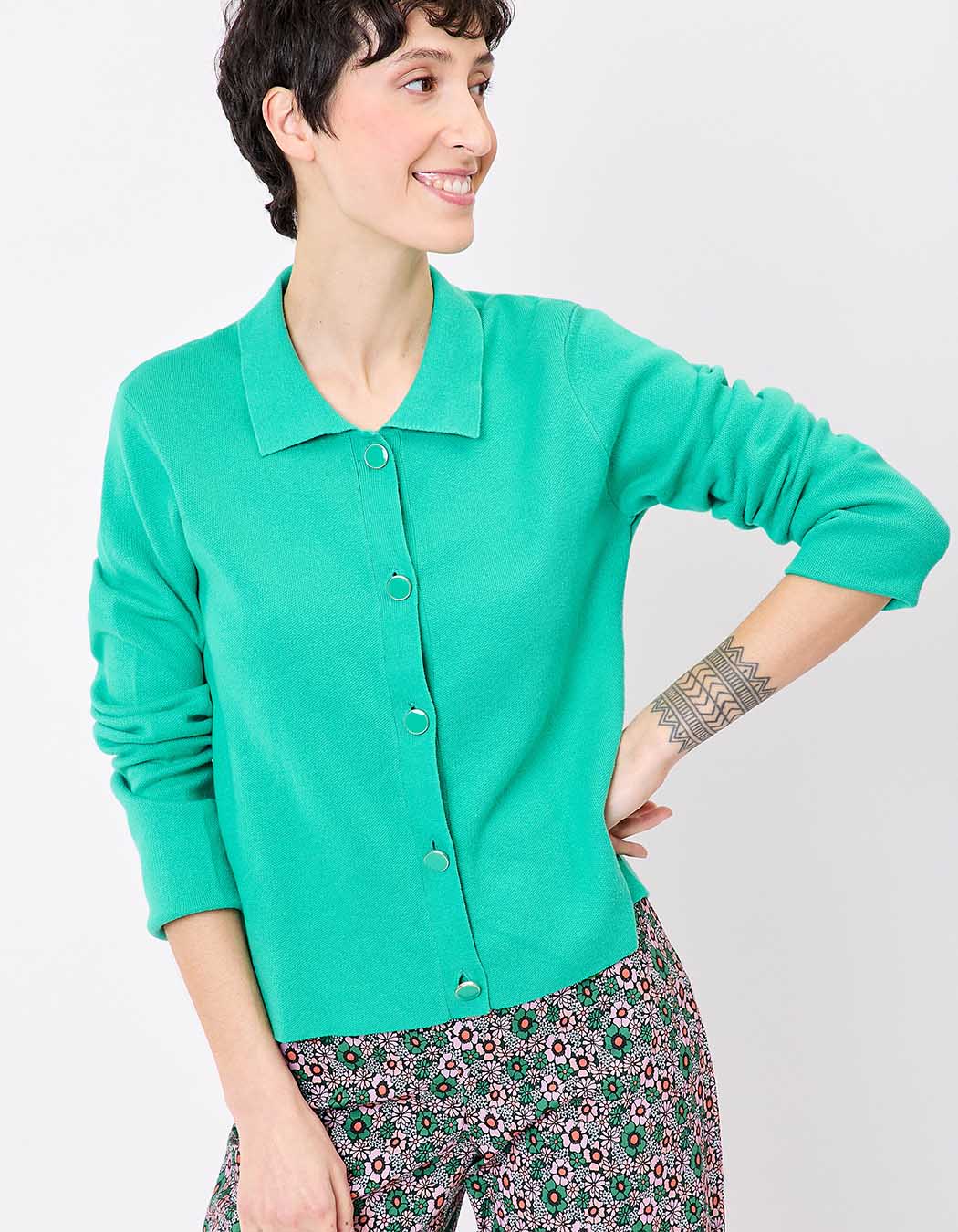 Straight-cut knit polo-collar cardigan femme Princesse Nomade