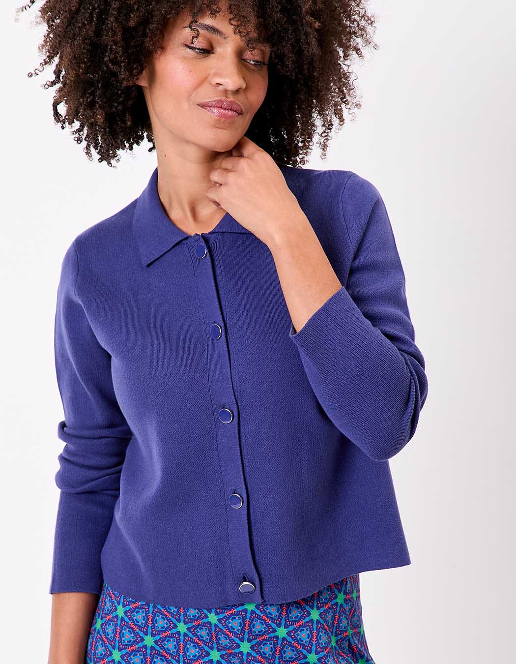 Straight-cut cotton knit polo-collar cardigan femme Princesse Nomade