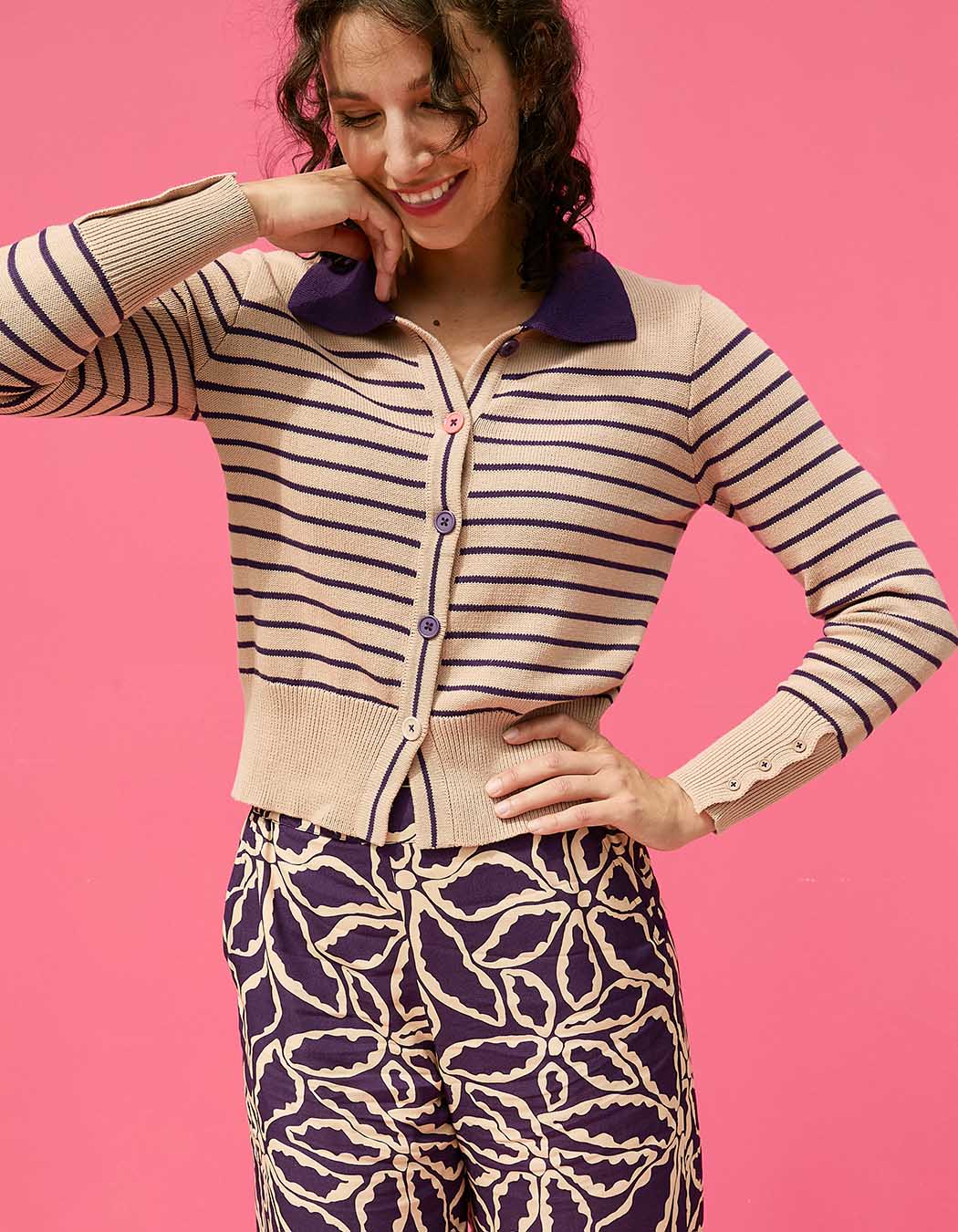 Striped cotton knit polo-collar cardigan femme Princesse Nomade