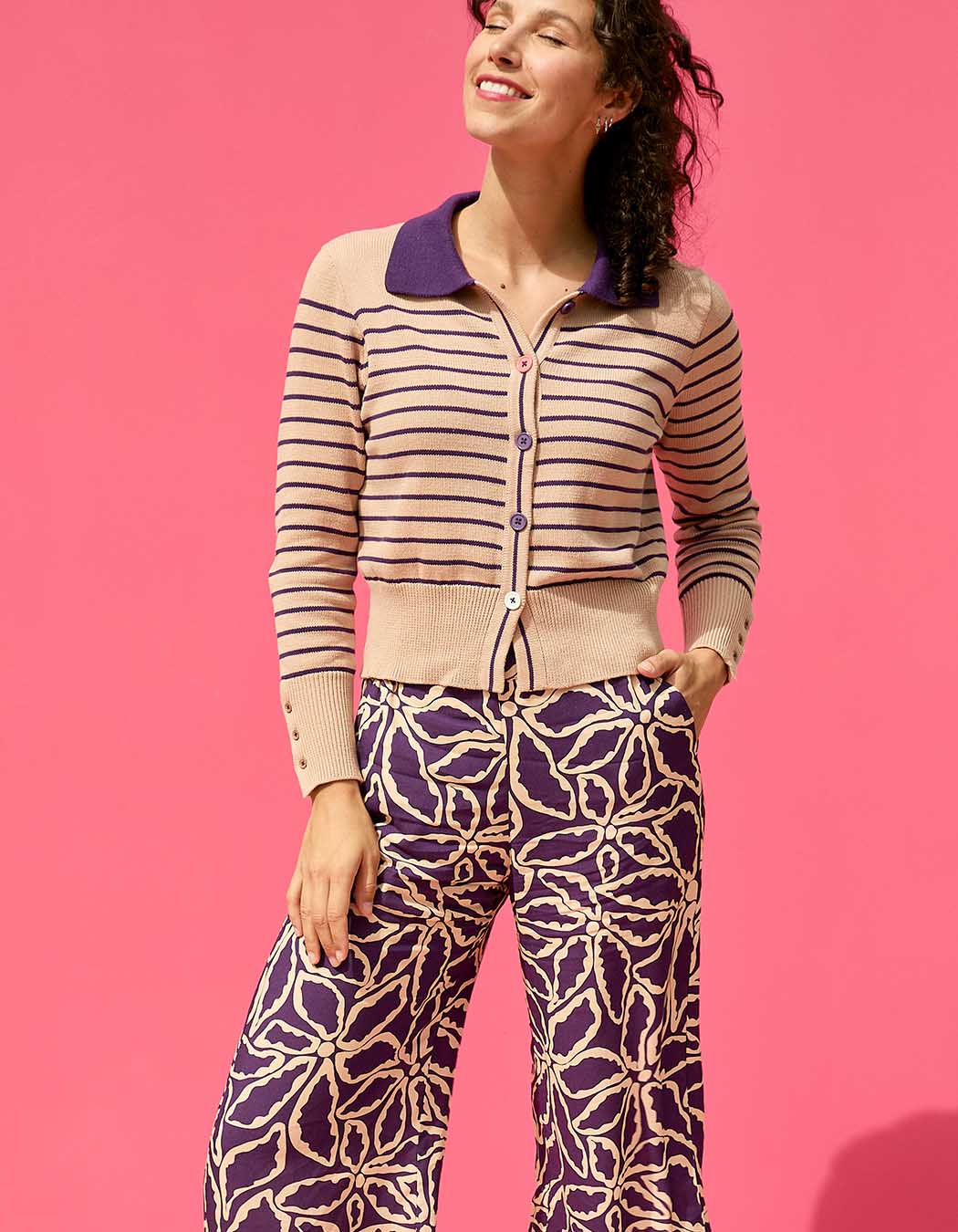 Striped cotton knit polo-collar cardigan femme Princesse Nomade