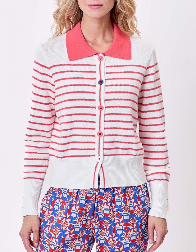 Striped cotton knit polo-collar cardigan femme Princesse Nomade
