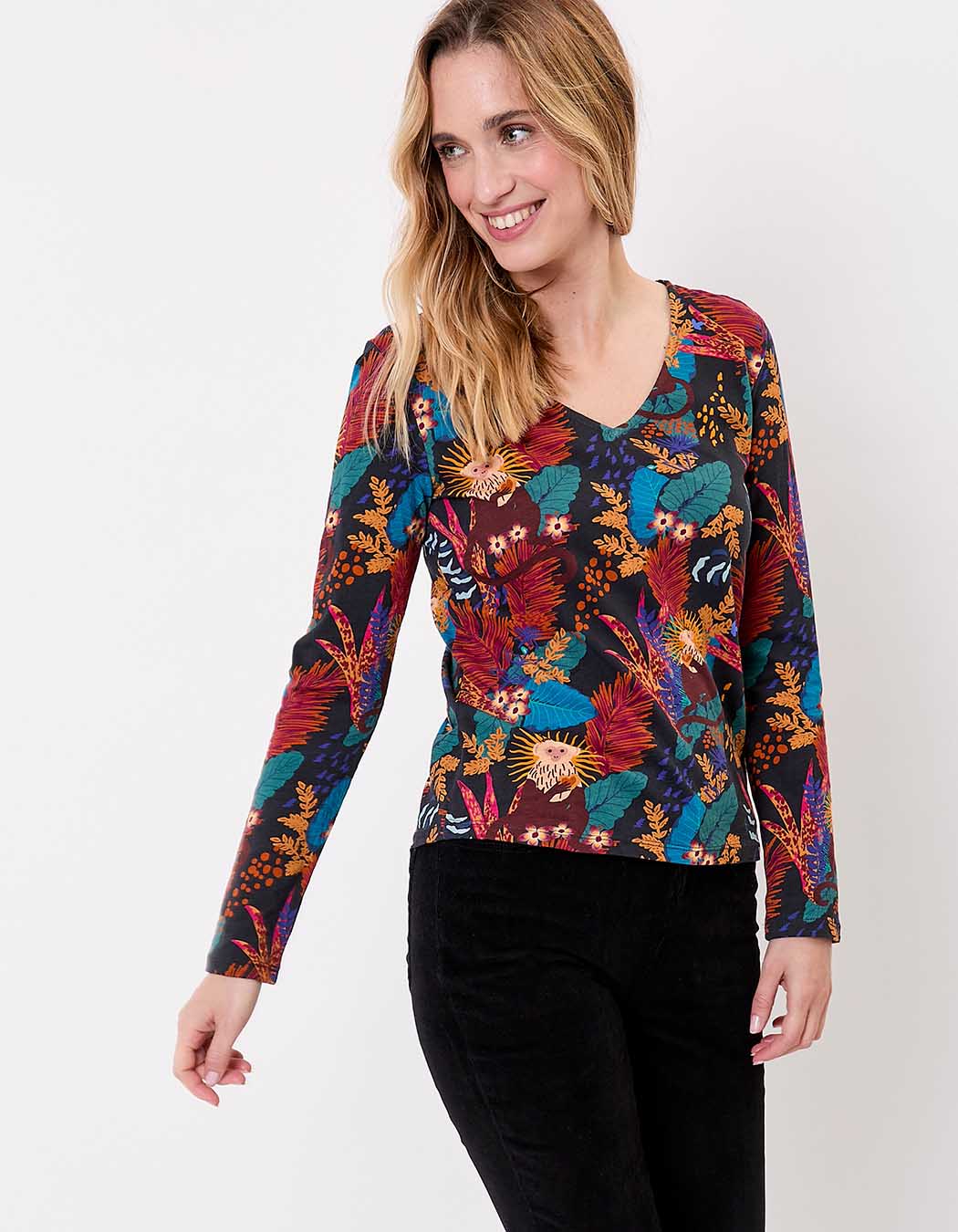 Printed V-neck organic cotton T-shirt femme La Fiancée
