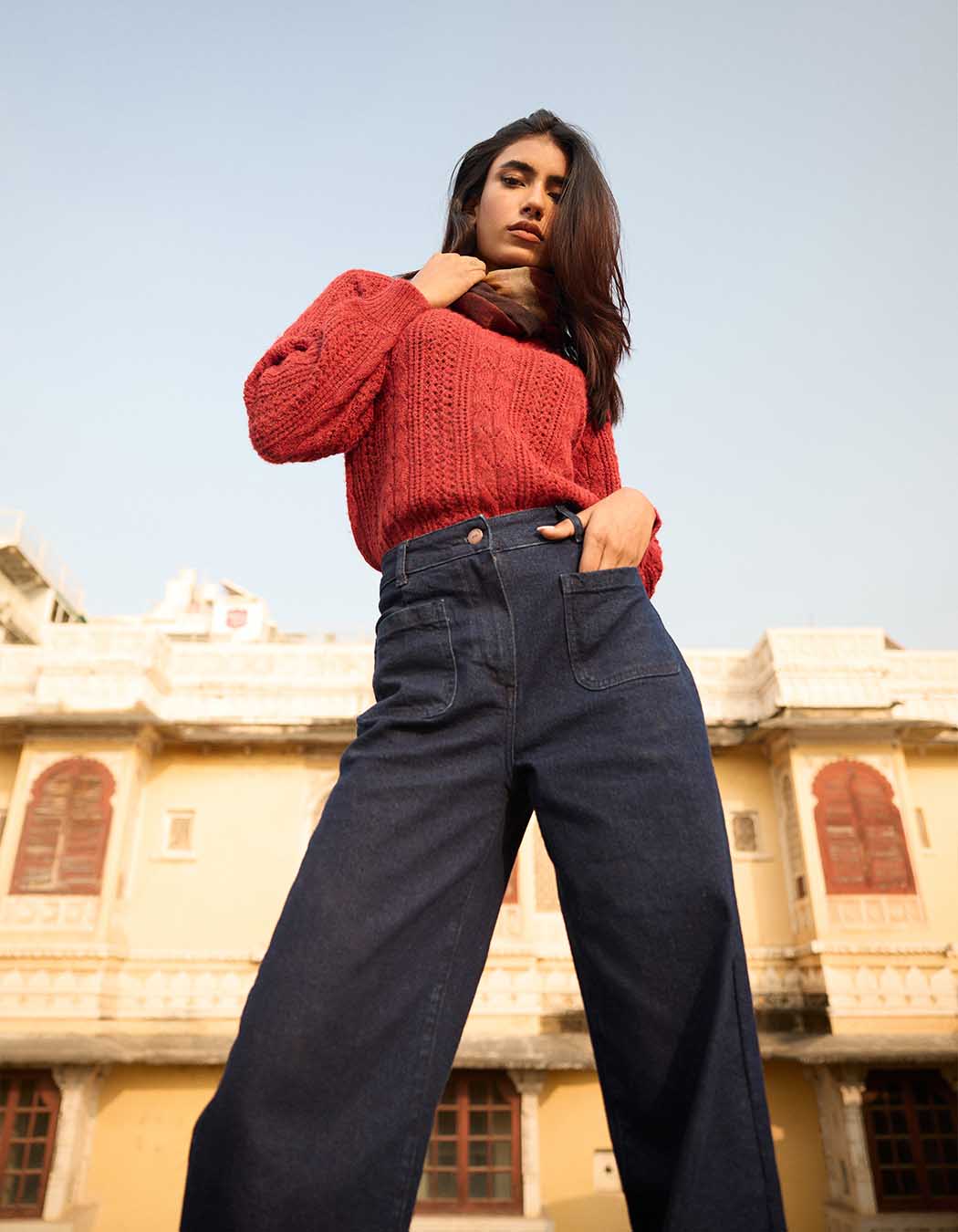 Wide-leg stretch cotton denim jeans femme La Fiancée